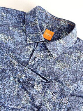 HUGO BOSS Men's M Orange Label Slim Fit Button Up Shirt Blue Dotted Floral Print